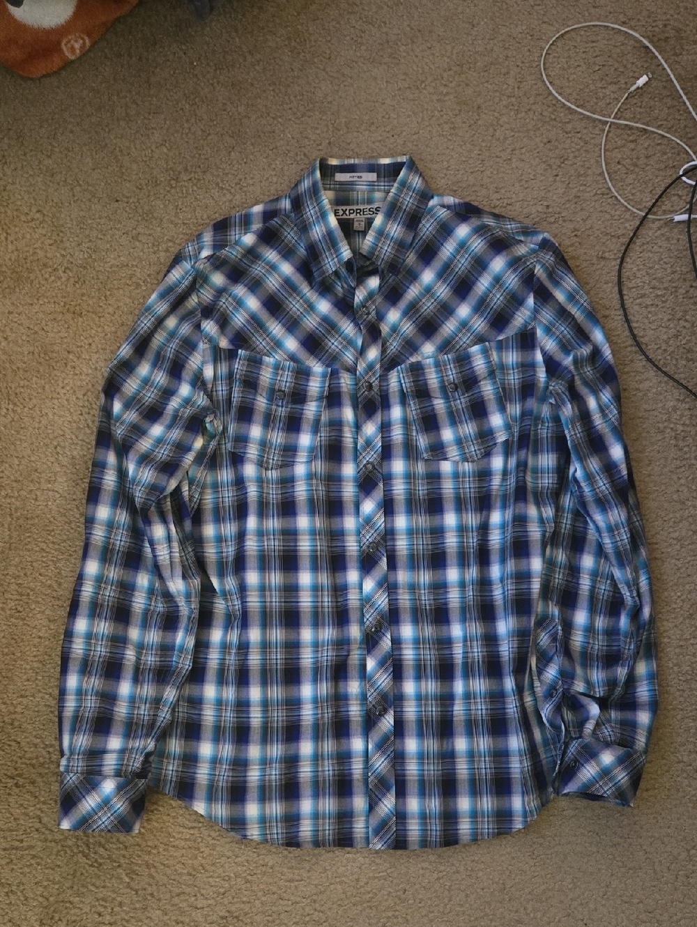 Express Men’s Blue and White Plaid Snap Button Shirt